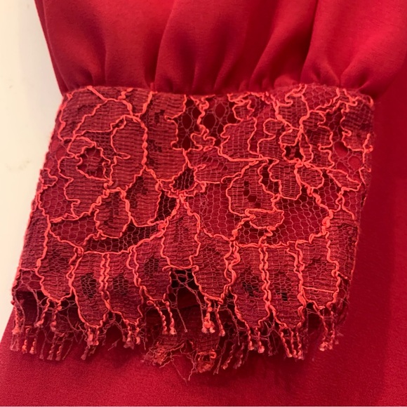 Vintage Red Dress with Lace Front, Sheer Long Sleeves (has hole) size Large . - Picture 7 of 16